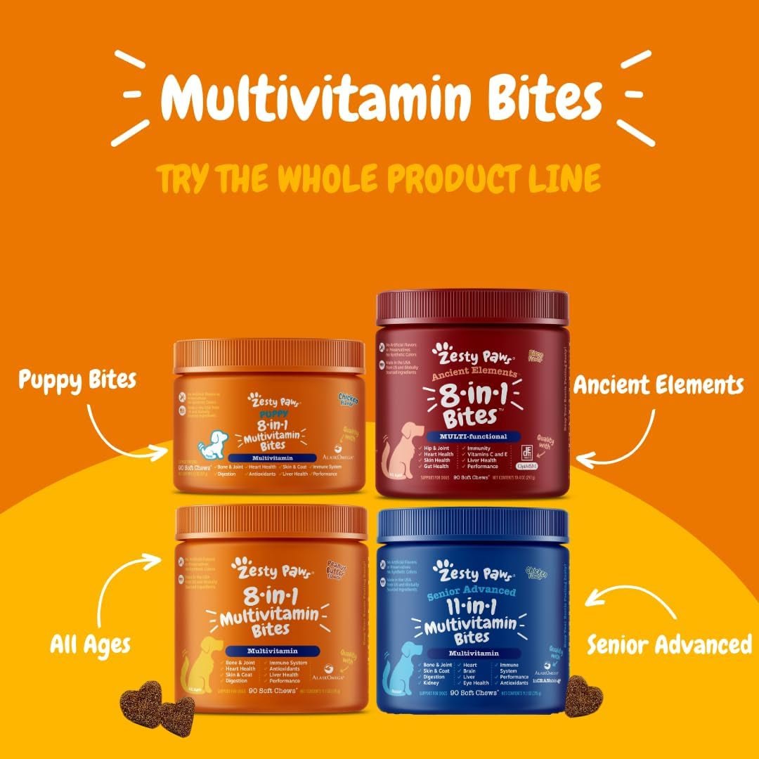 Multivitamin Treats for Dogs - Glucosamine Chondroitin for Joint Support + Digestive Enzymes & Probiotics - Grain Free Dog Vitamin for Skin & Coat + Immune Health - Chicken Flavor - 90Ct