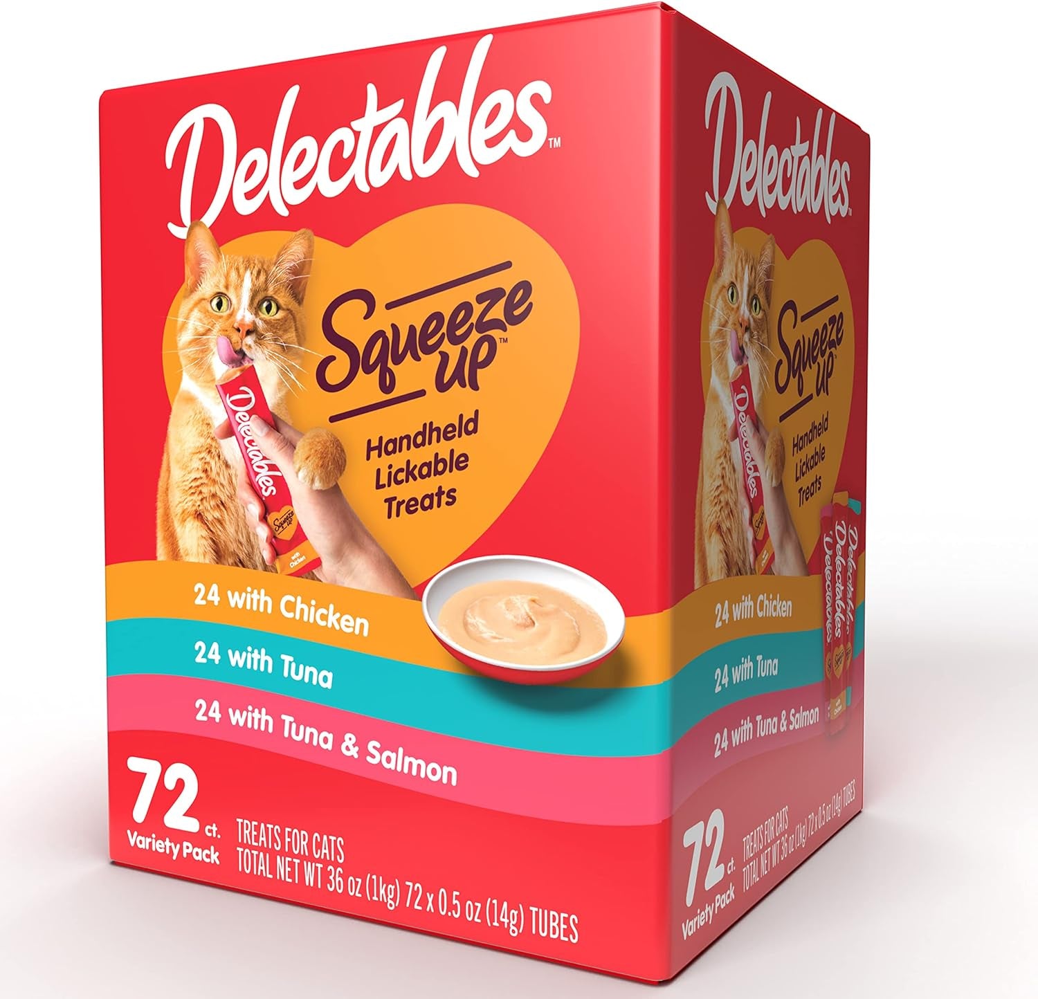 Delectables Squeeze up Variety Pack, Creamy Squeezable Puree, Lickable Wet Cat Treats, Grain Free, No Added Fillers, No By-Products, No Added Preservatives, 0.5 Ounces Tube, 72 Tubes Total