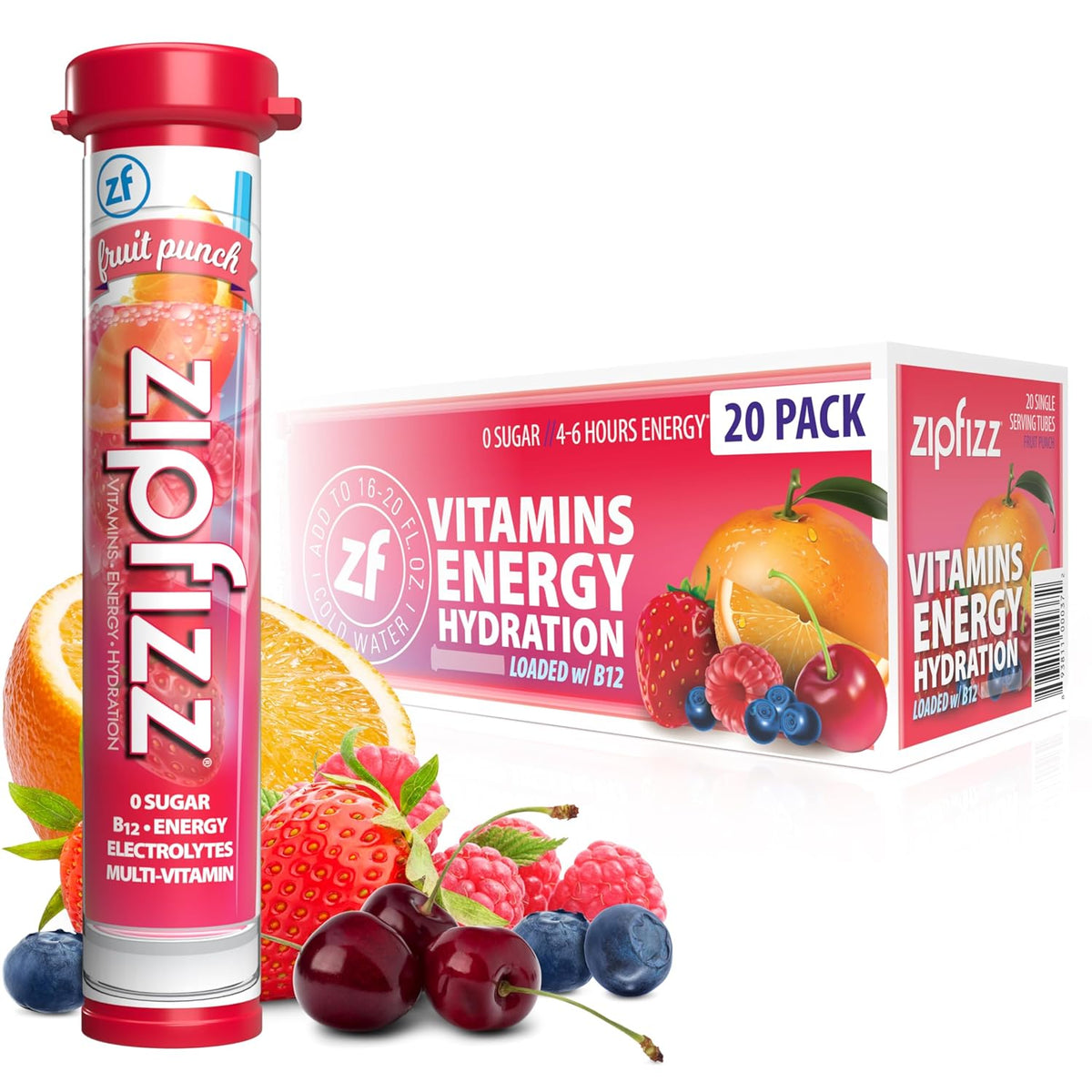 Daily Energy Drink Powder, Fruit Punch, 20 Pack 3-In-1 Sustained Energy, Rapid Hydration, and Essential Vitamins Sugar-Free Electrolyte Powder Contains Vitamin B-12 & Antioxidants