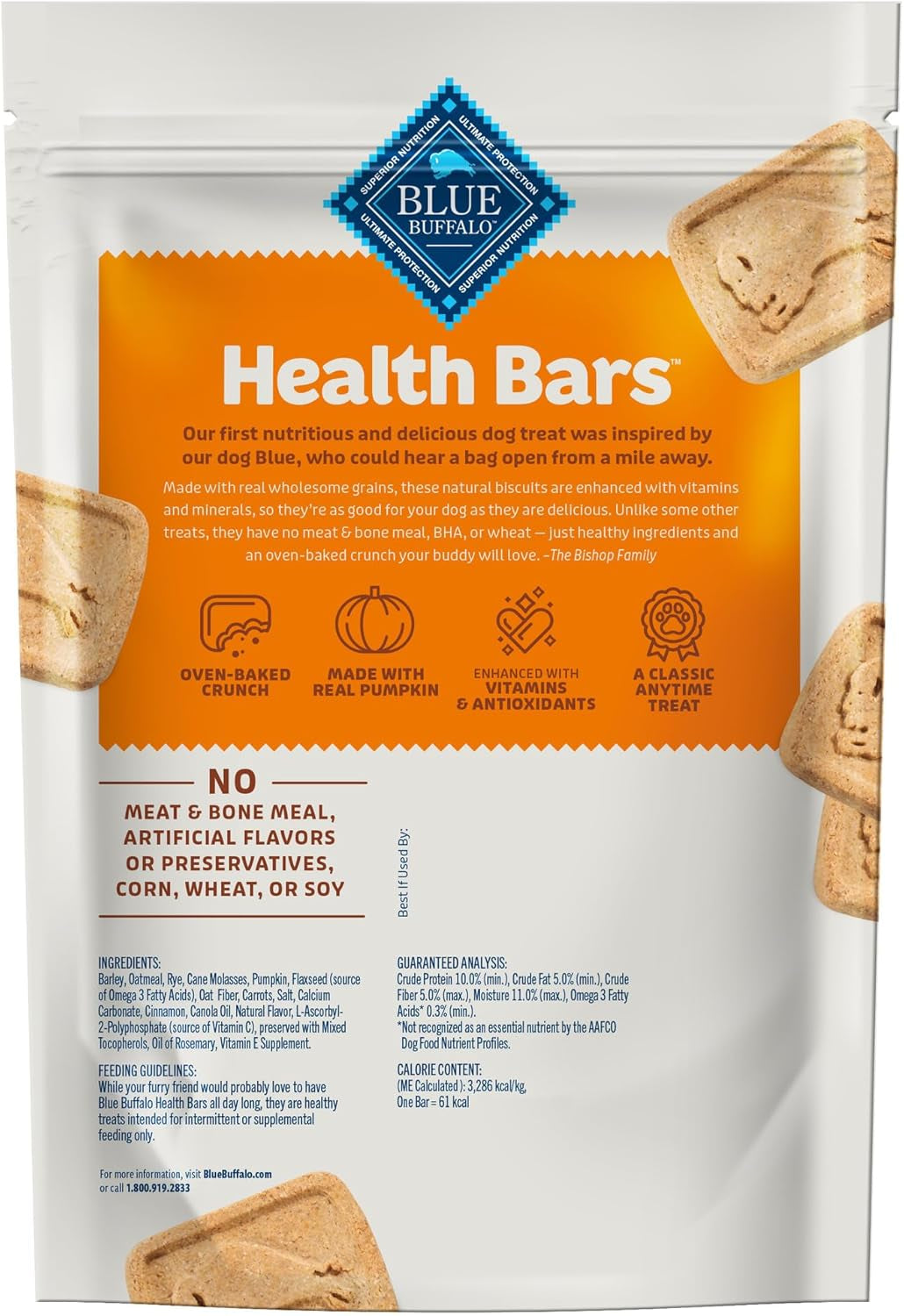 Health Bars Crunchy Dog Biscuits, Oven-Baked with Natural Ingredients, Pumpkin & Cinnamon, 16-Oz. Bag