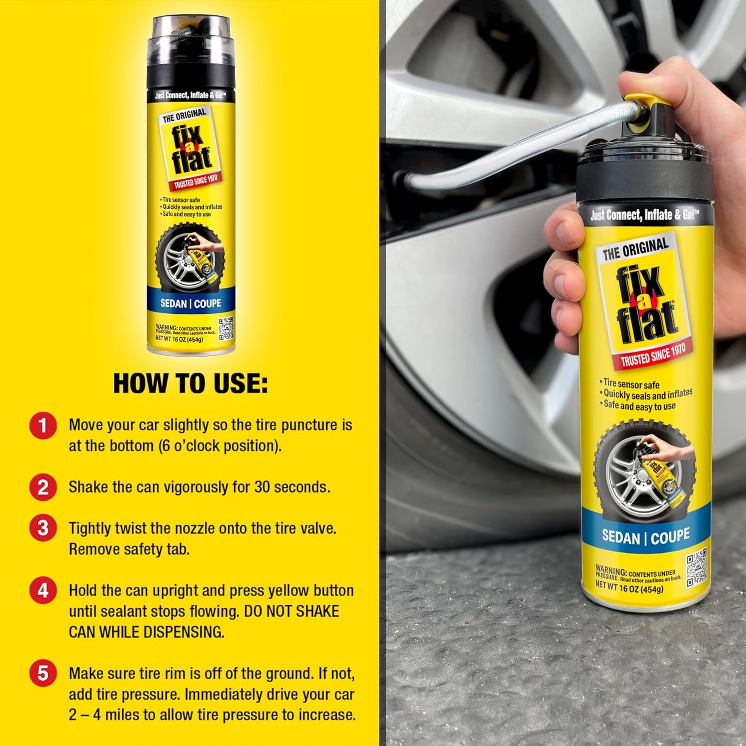 Aerosol Tire Repair and Inflator, Eco-Friendly Formula, 16 Oz, Universal Fit, Yellow